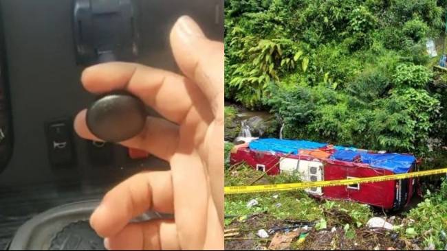 Kolase melepaskan rem parkir bus dan kondisi bus yang mengalami kecelakaan di Guci, Tegal, Minggu (7/5/2023). 