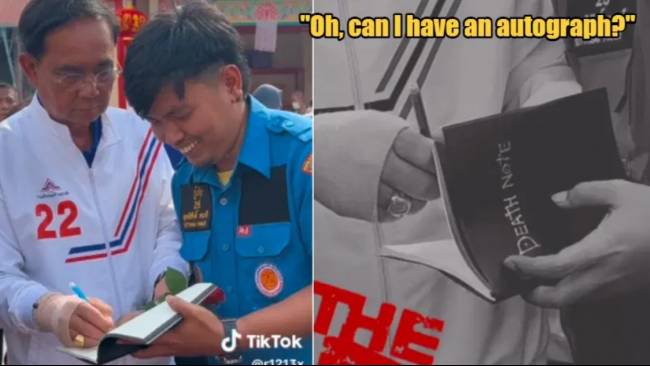 PM Thailand Prayuth Chan-ocha saat dikerjai seorang pria untuk menandatangani buku Death Note.