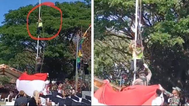 Seorang anggota Kepolisian Republik Indonesia (Polri) bernama Bripka Suparno memanjat tiang bendera setinggi 10 meter karena tali penarik bendera tiba-tiba putus. 