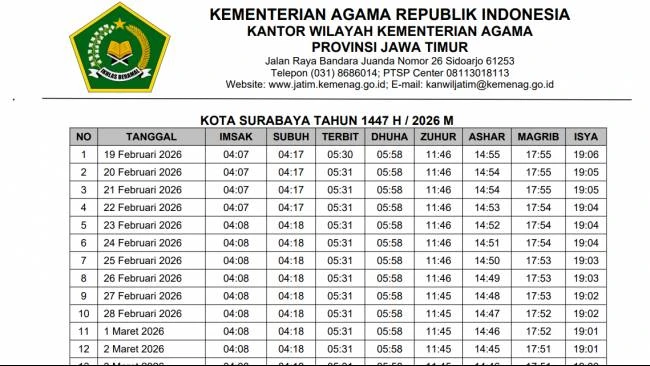 Jadwal Imsakiyah Ramadan 2026 Kemenag Jawa Timur di Seluruh Kabupaten Kota, Ini Link PDF-nya